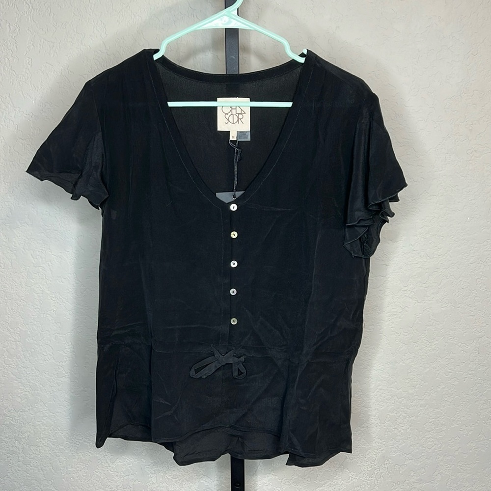 165 - Chaser NWT Black Short Sleeve Button Down Blouse, Size Medium